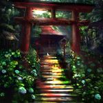  animal cat flower highres hydrangea nature no_humans original scenery shrine stairs torii 