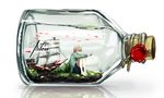  air_bubble blonde_hair blue_eyes bottle bubble canarinu cork fish highres in_bottle in_container male_focus neckerchief original profile reaching sailor_collar ship ship_in_a_bottle shorts sitting smile solo submerged water watercraft 