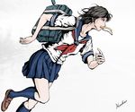  artist_name black_hair blue_legwear commentary_request food food_in_mouth hoshino_tatsuya kneehighs late_for_school mouth_hold original pleated_skirt running school_uniform serafuku skirt solo toast toast_in_mouth 
