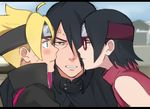  1girl 2boys anger_vein black_hair blonde_hair boruto:_the_movie eye_contact father_and_daughter forehead_protector glasses looking_at_another multiple_boys naruto uchiha_sarada uchiha_sasuke uzumaki_boruto waraable warable whiskers 