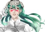  adjusting_hair agatsumaattsu bleach facial_mark floating_hair green_hair long_hair looking_away nelliel_tu_odelschwanck parted_lips simple_background solo upper_body white_background 