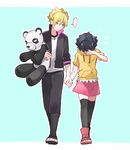  1boy 1girl ahoge blonde_hair boruto:_the_movie brother_and_sister hand_holding naruto panda purple_hair siblings simple_background spiked_hair stuffed_toy uzumaki_boruto uzumaki_himawari waraable warable whiskers 