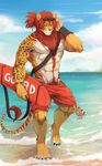  2015 abs anthro beach biceps carb clothed clothing eyewear feline fur half-dressed hybrid lion male mammal muscles one_eye_closed pecs rabbity seaside sunglasses swimsuit tattoo tiger wink wristband yellow_eyes 