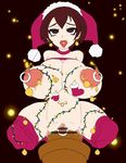  1girl ahegao areola_piercing breasts censored christmas christmas_lights christmas_ornaments clitoris clitoris_piercing ear_piercing female guro labia_piercing large_breasts navel_piercing nipple_piercing object_insertion piercing santa_hat simple_background solo thicket tongue_out tongue_piercing vaginal vaginal_object_insertion 