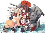  ass breasts brown_eyes brown_hair dark_skin glasses hair_ornament kantai_collection long_hair medium_breasts multiple_girls musashi_(kantai_collection) oriental_umbrella pointy_hair ponytail red_eyes red_umbrella sarashi tamiya_akito thighhighs umbrella yamato_(kantai_collection) 