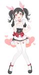  :d apron bad_id bad_pixiv_id black_hair blush bow garter_straps hair_ribbon heart highres looking_at_viewer love_live! love_live!_school_idol_project maid maid_headdress marin_(myuy_3) mogyutto_&quot;love&quot;_de_sekkin_chuu! open_mouth red_eyes revision ribbon short_hair simple_background smile solo thighhighs twintails waist_apron white_background white_legwear yazawa_nico 