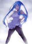  aoki_hagane_no_arpeggio blue_eyes blue_hair breasts covered_nipples hands_on_hips light long_hair medium_breasts mole mole_under_mouth onsoku_maru pantyhose ponytail standing takao_(aoki_hagane_no_arpeggio) 