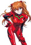  1girl blue_eyes gainax hand_on_hip highres long_hair maxxyne neon_genesis_evangelion orange_hair plugsuit simple_background single smile solo soryu_asuka_langley tall_image transparent_background vector vector_trace wink 