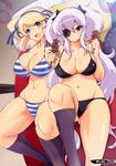  2girls aqua_eyes artist_request blonde_hair breasts brown_eyes cleavage curvy eyepatch food hair_ribbon hairband katsuragi_(senran_kagura) large_breasts long_hair looking_at_viewer lying multiple_girls navel on_back ribbon scan senran_kagura thick_thighs very_long_hair white_hair wide_hips yagyuu_(senran_kagura) yunioshi 