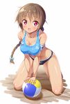  :d armband bare_shoulders barefoot beach_volleyball bikini blush bow braid breasts brown_hair cleavage collarbone covered_nipples fang full_body hair_bow ichi_makoto kneeling large_breasts looking_at_viewer midriff open_mouth original red_eyes shiny shiny_skin single_braid smile solo sports_bikini sportswear sweat swimsuit tan tankini tareme taut_clothes volleyball volleyball_uniform 