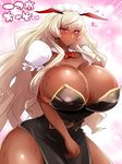  blonde_hair blush bow bowtie breasts bursting_breasts cleavage covered_nipples curvy dark_skin gigantic_breasts gradient gradient_background highres itou_ittousai_(sengoku_bushouki_muramasa) long_hair mumumu_(three_emu) pink_eyes puffy_short_sleeves puffy_sleeves sengoku_bushouki_muramasa shiny shiny_skin short_sleeves solo sweat thick_thighs thighs wide_hips 