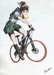  artist_name bicycle bike_shorts brown_footwear brown_hair commentary_request food food_in_mouth green_legwear ground_vehicle hoshino_tatsuya kneehighs late_for_school mouth_hold original ponytail ribbed_legwear school_uniform serafuku shoes solo toast toast_in_mouth 