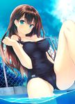  amami_mikihiro bare_shoulders blue_eyes blush breasts brown_hair chain-link_fence cloud day fence idolmaster idolmaster_cinderella_girls long_hair looking_at_viewer medium_breasts old_school_swimsuit one-piece_swimsuit poolside school_swimsuit shibuya_rin sitting sky smile soaking_feet solo swimsuit water 