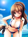  alternate_costume alternate_hairstyle arm_at_side ashigara_(kantai_collection) bikini blue_bikini breasts cleavage collarbone day grin hair_between_eyes hairband hand_on_hip highres kantai_collection large_breasts leaning_forward looking_at_viewer navel one_eye_closed outdoors parted_lips ponytail saboten_teishoku side-tie_bikini smile solo swimsuit 