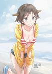  beach bikini bikini_top blue_eyes brown_hair cb commentary_request dated day grin hands_in_pockets headgear hiei_(kantai_collection) hood hooded_jacket hoodie jacket kantai_collection leaning_forward navel open_clothes open_hoodie outdoors short_hair short_shorts shorts smile solo standing standing_on_one_leg striped striped_bikini swimsuit twitter_username 