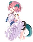  angry_num bad_id bad_pixiv_id bell black_skirt commentary dragon_tail dress fang highres horns original pink_hair skirt solo tail tassel white_background white_dress 