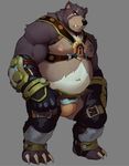  armor barazoku bear belly brown_fur bulge chest_fur chubby claws fangs fur green_eyes guantlets harness keyhole male mammal musclegut muscles nipples punipen_(artist) scar white_fur 