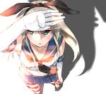  absurdres black_ribbon blue_eyes collarbone elbow_gloves gloves grey_hair hair_ribbon highres kantai_collection long_hair navel parted_lips pleated_skirt ribbon rolua school_uniform serafuku shadow shimakaze_(kantai_collection) skirt solo striped striped_legwear sweatdrop thighhighs thong white_gloves 