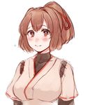  blush brown_eyes brown_hair hair_ribbon highres ise_(kantai_collection) japanese_clothes kantai_collection nontraditional_miko ponytail ribbon short_hair simple_background solo tama_wo upper_body white_background 