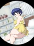  :o bed bedroom blue_hair blush bookshelf boombox breasts brown_eyes dress embarrassed highres large_breasts looking_at_viewer mage_(harumagedon) on_bed peephole peeping pillow plump pov ranma_1/2 short_hair sleeveless sleeveless_dress solo tendou_akane thick_thighs thighs 