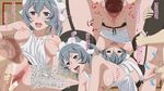  1boy 1girl apron areolae blush bouncing_breasts breasts breasts_outside censored cum cum_in_pussy cumdrip dungeon_ni_deai_wo_motomeru_no_wa_machigatteiru_darou_ka garter_belt garter_straps grey_eyes grey_hair grey_hairp hanging_breasts highres large_breasts leg_lift leg_up legs long_hair looking_at_viewer looking_away looking_back maid_headdress mosaic_censoring naked_apron nipples onytail open_mouth penis ponytail pussy pussy_juice saliva sequential sex simple_background solo_focus sukima_sangyou syr_flover thighhighs thighs translation_request vaginal wet 