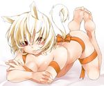  animal_ears blonde_hair cat_ears cat_tail final_fantasy final_fantasy_xiv kochiya_(gothope) miqo'te naked_ribbon nude red_eyes ribbon short_hair solo tail 
