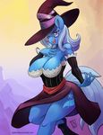  2015 anthro anthrofied big_breasts blue_fur blue_hair breasts cleavage clothed clothing cutie_mark dress equine eyewear female friendship_is_magic fur glasses hair hat horse huge_breasts looking_at_viewer mammal my_little_pony open_mouth pony purple_eyes solo trixie_(mlp) witch_hat zwitterkitsune 