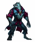  4_toes abs absurd_res angry anthro barefoot big_muscles blue_fur bulge canine claws clenched_teeth clothing costume digitigrade emerald fangs fur grey_fur hi_res jewels male mammal muscles orange_eyes pecs pink_claws pink_nose pose simple_background solo suit teeth toes toned unknown_artist were werewolf white_background 