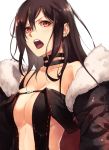  bangs bare_shoulders black_dress breasts brown_hair center_opening choker cleavage collarbone consort_yu_(fate) dress earrings fate/grand_order fate_(series) fur_trim hair_between_eyes jacket jewelry long_hair looking_at_viewer medium_breasts open_mouth red_eyes shimozuki_shio solo strapless strapless_dress upper_body 