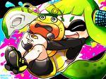  2015 :d bad_id bad_pixiv_id bike_shorts blush closed_eyes dated denchinamazu domino_mask fang green_hair headgear hug inkling interlocked_fingers kuro_yuzu long_hair long_sleeves mask open_mouth smile solo splatoon_(series) splatoon_1 squidbeak_splatoon 