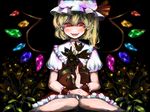  ascot blonde_hair bow commentary_request dark fang flandre_scarlet flower hat hat_bow lily_(flower) mob_cap red_eyes sash sitting solo touhou umi_(umi02) wings wrist_cuffs 