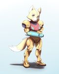  2014 anthro aoiuchuu armor black_nose brown_fur canine crossover fox fox_mccloud fur green_eyes male mammal metroid nintendo signature simple_background solo star_fox video_games weapon white_fur 