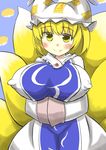  animal_ears blonde_hair blush breasts covered_nipples fox_ears fox_tail gaoo_(frpjx283) hands_in_opposite_sleeves hat highres large_breasts solo tabard tail touhou yakumo_ran yellow_eyes 