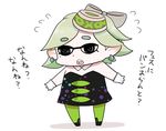  :o black_dress black_eyes chibi detached_collar dress earrings flying_sweatdrops gaiko_kujin green_hair green_legwear hotaru_(splatoon) jewelry mole mole_under_eye open_mouth pantyhose purple_legwear short_hair simple_background solo splatoon_(series) splatoon_1 strapless strapless_dress translation_request white_background 