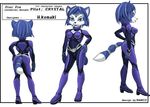  anthro blue_fur blue_hair bodysuit canine clothing english_text female footwear fox fur h.komaki hair hair_ornament jewelry krystal mammal nintendo official_art short_hair simple_background skinsuit smile solo star_fox text video_games white_fur 