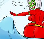  big_butt breasts bulge butt butt_witch davidsanchan drooling english_text faceless_male female green_skin hair huge_butt humanoid male multi_limb multiple_arms not_furry open_mouth red_eyes saliva shaking skinsuit smile text trembling twelve_forever white_hair 