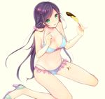  akatsuki_rokino bikini chocolate_banana green_eyes highres long_hair love_live! love_live!_school_idol_project purple_hair sitting solo swimsuit toujou_nozomi twintails wariza 