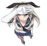  absurdres black_ribbon blue_eyes collarbone elbow_gloves full_body gloves grey_hair hair_ribbon highres kantai_collection long_hair navel parted_lips pleated_skirt ribbon rolua school_uniform serafuku shimakaze_(kantai_collection) simple_background skirt solo striped striped_legwear sweatdrop thighhighs thong white_background white_gloves 