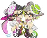  2girls ;d aori_(splatoon) between_breasts black_hair blush breasts detached_collar domino_mask doumoto_yuuki fangs food food_on_head gloves grey_hair hotaru_(splatoon) long_hair mask mole mole_under_eye multiple_girls object_on_head one_eye_closed open_mouth orange_eyes short_hair short_jumpsuit simple_background smile splatoon_(series) splatoon_1 sushi tea white_background white_gloves 