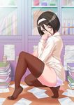  arm_support ass black_hair book breasts breasts_outside desk from_side hair_between_eyes hairband highres huge_breasts looking_at_viewer nipples on_desk original panties paper puffy_nipples sanagi_torajirou short_hair solo squatting striped striped_panties thighhighs underwear 