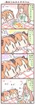  4koma :3 blush bow brown_hair comic feeding flying_sweatdrops food hair_bow hoshizora_rin kousaka_honoka love_live! love_live!_school_idol_project maid maid_cafe maid_headdress minami_kotori minigirl multiple_girls o_o omurice saku_usako_(rabbit) short_hair spoon striped striped_bow translated |_| 