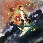  1girl aruken bad_id bad_pixiv_id bent_over brown_hair crying dutch_angle facial_hair gears hands_on_own_face height_difference highres labcoat looking_away makise_kurisu okabe_rintarou steins;gate 