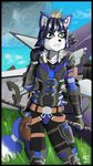  2015 ace_arcana anthro arwing blue_fur blue_hair body_armor breasts cheek_tuft clothed clothing cloud front_view fur green_eyes gun hair krystal moon nintendo outside planet ranged_weapon shy solo staff standing star_fox thick_thighs tight_clothing tuft video_games weapon white_belly 