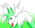  anus defalt female feral fur gradient_background green_hair hair happy legendary_pok&eacute;mon looking_at_viewer mammal nintendo open_mouth pok&eacute;mon pussy shaymin shaymin_(sky_form) simple_background solo teasing text video_games white_fur 