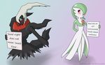  2014 ambiguous_gender anthro black_skin blue_eyes blush claws darkrai duo eddiew english_text feral gardevoir green_skin hair horn legendary_pok&eacute;mon nintendo pok&eacute;mon pok&eacute;shaming red_eyes red_skin text video_games white_hair white_skin 