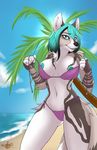  2015 anthro beach bikini black_nose breasts calypso camel_toe canine clothing cyan_eyes cyan_hair cyan_nipples female fur hair looking_at_viewer mammal navel nipple_piercing nipple_slip nipples piercing seaside sky solo sun swimsuit tree usagiwithglasses white_fur wide_hips 