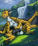  2015 black_penis blue_eyes danza dragon feral fin grass knot licking licking_lips looking_at_viewer male penis river sharp_teeth stripes teeth tongue tongue_out waterfall yellow_skin 