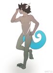  2015 amit anthro blue_eyes claws dragon ear_piercing hair humanoid_penis lizard male markings nude penis piercing plantigrade reptile ridges running scalie simple_background smile two_tone_skin white_background 