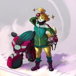  2015 animal_crossing anthro bike blonde_hair canine clothed clothing footwear front_view fully_clothed fur gloves hair hand_on_head helmet isabelle_(animal_crossing) jacket legwear looking_at_viewer mammal mario_bros mario_kart motorcycle newd nintendo outside shoes simple_background socks solo standing video_games yellow_fur 