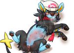  2012 anus black_fur blue_fur blush breath butt censor_bar censored denmoko facial_markings female feral fur hair_tuft hat hindpaw luxray lying markings nintendo nipples on_back pawpads paws pink_nose pok&eacute;mon pussy scarf simple_background solo spread_legs spreading video_games white_background yellow_eyes 